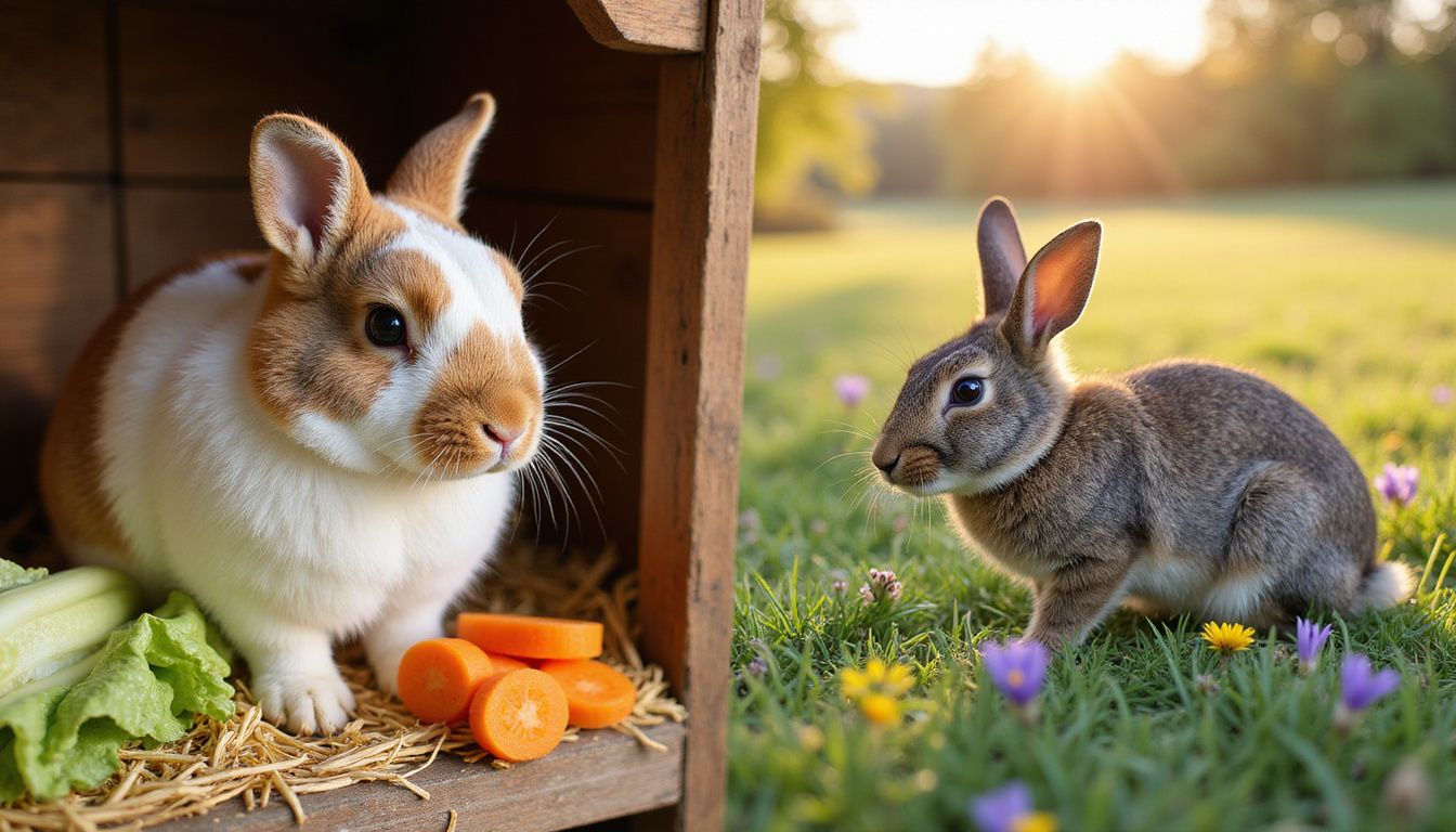 A domesticated rabbit and a wild rabbit in their environments. A domesticated rabbit and a wild rabbit in their environments.