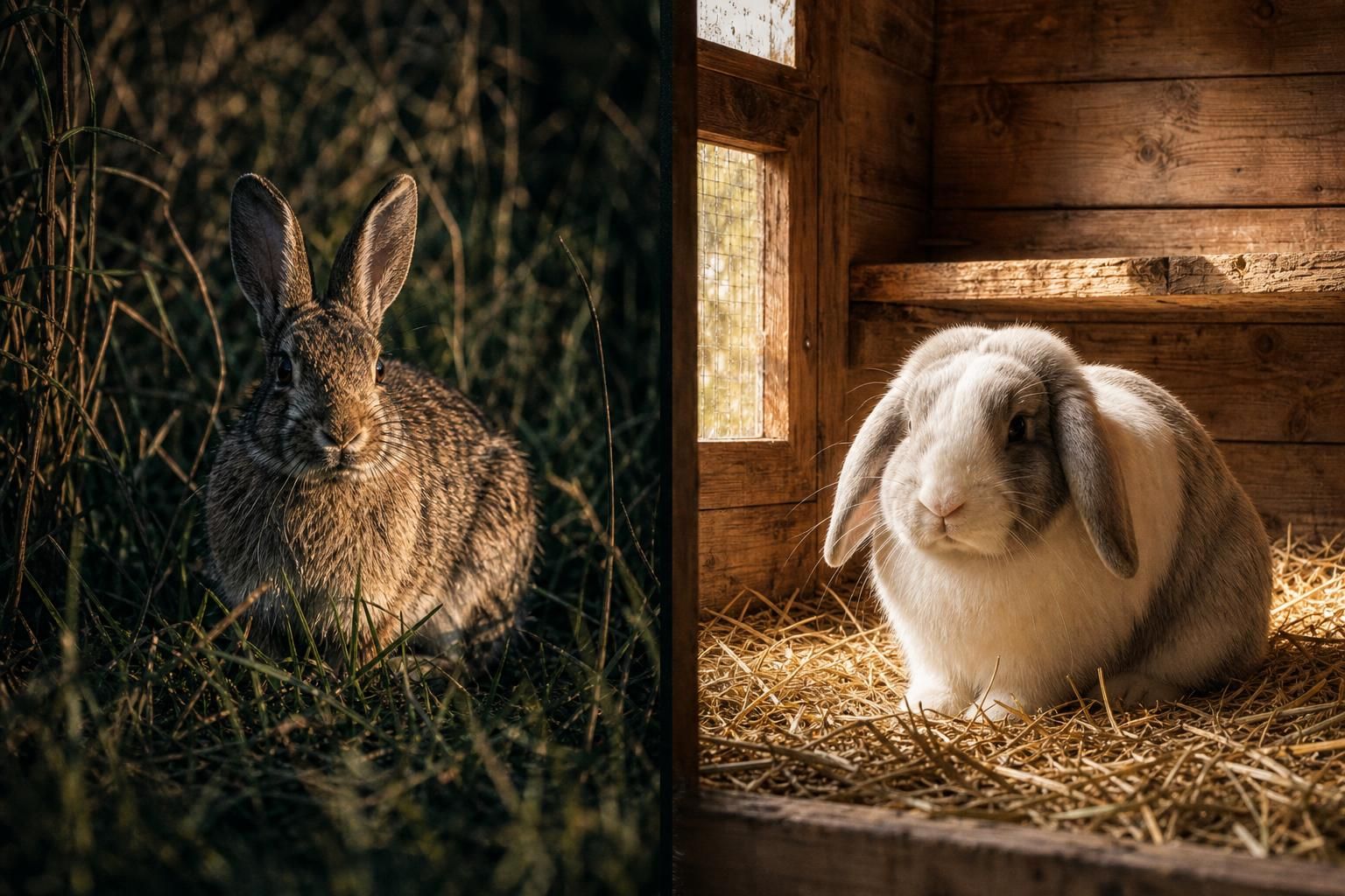 A wild rabbit and a domestic rabbit in contrasting environments.