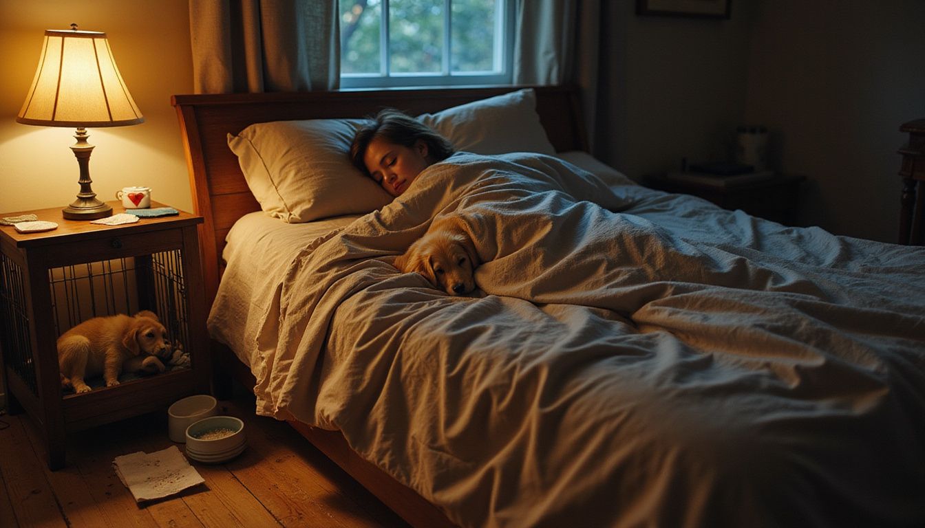 A young adult sleeps beside a crate containing a curled-up golden retriever puppy on unmade bedding. A young adult sleeps beside a crate containing a curled-up golden retriever puppy on unmade bedding.