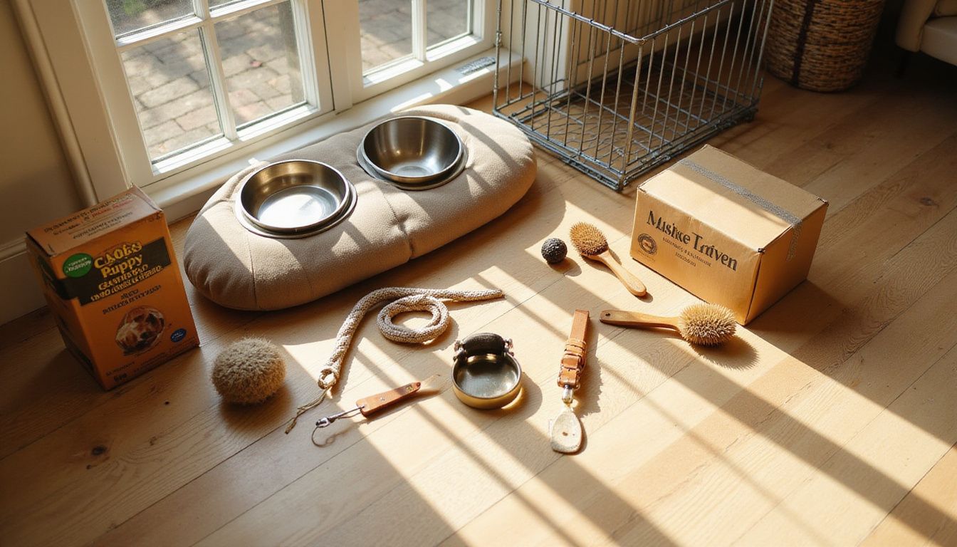 A contemporary living room corner showcases puppy essentials, including a bed, feeding station, toys, grooming brushes, and kibble boxes. A contemporary living room corner showcases puppy essentials, including a bed, feeding station, toys, grooming brushes, and kibble boxes.