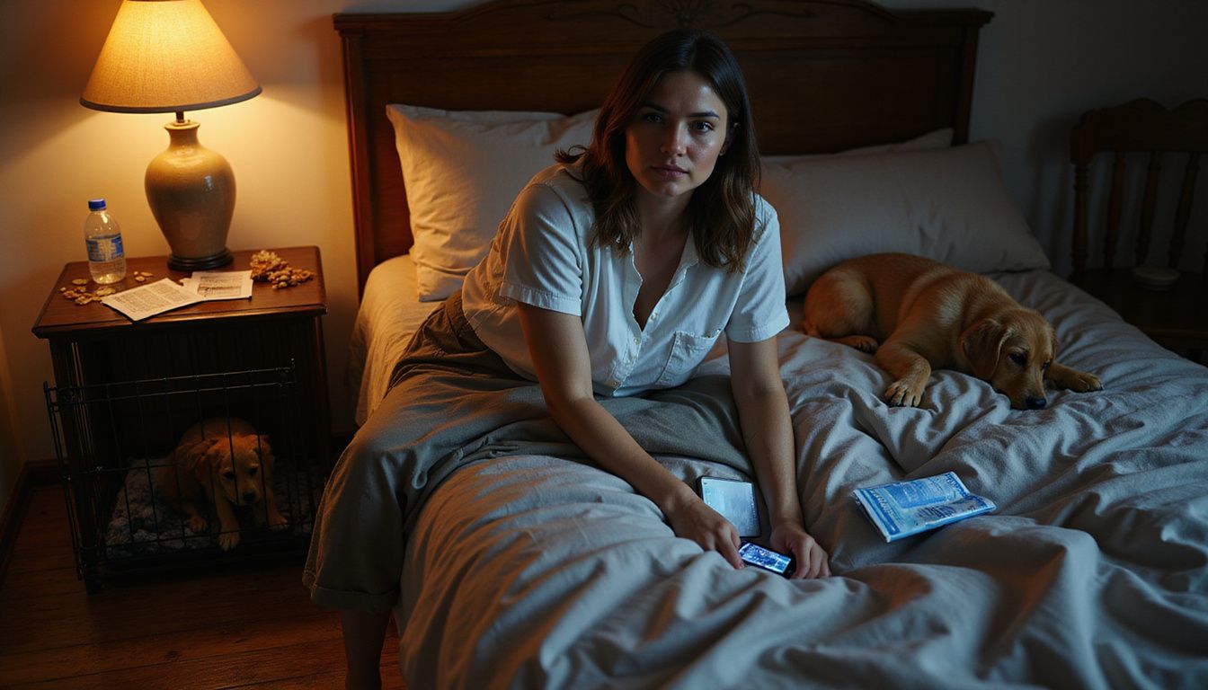 A woman sits wearily on an unmade bed, surrounded by pet essentials and a restless puppy in a crate. A woman sits wearily on an unmade bed, surrounded by pet essentials and a restless puppy in a crate.