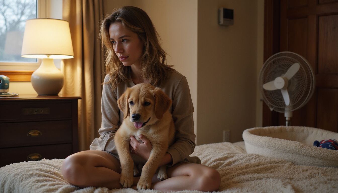 A woman sits on a carpet, cradling a sleepy golden retriever puppy in a softly decorated bedroom. A woman sits on a carpet, cradling a sleepy golden retriever puppy in a softly decorated bedroom.