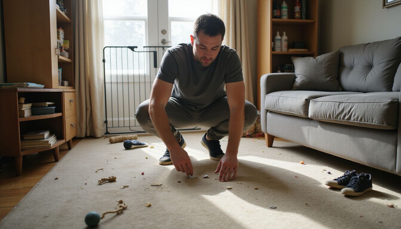 A man prepares his home for a new puppy amidst scattered toys and household clutter in a lived-in living room. A man prepares his home for a new puppy amidst scattered toys and household clutter in a lived-in living room.