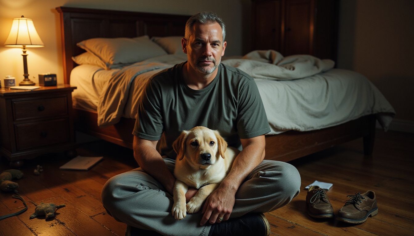 A tired man sits cross-legged on a cluttered floor, gently holding a wiggly golden retriever puppy in his lap. A tired man sits cross-legged on a cluttered floor, gently holding a wiggly golden retriever puppy in his lap.