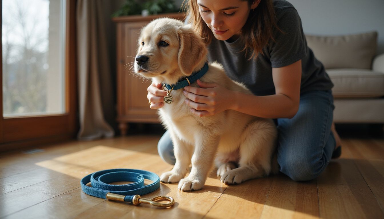 A young adult kneels beside a golden retriever puppy, adjusting its collar in a cozy living room. A young adult kneels beside a golden retriever puppy, adjusting its collar in a cozy living room.