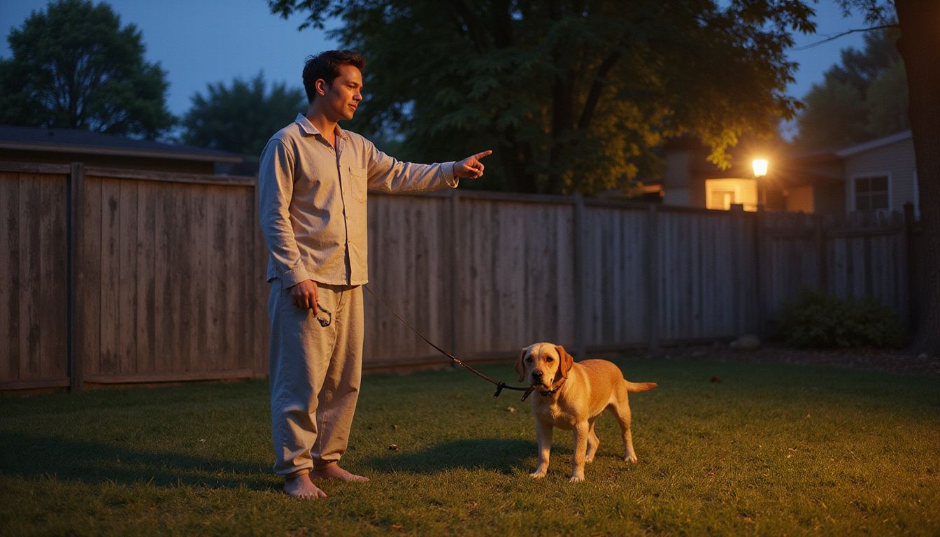 A tired man in pajamas holds a frayed leash attached to a restless golden retriever puppy in his backyard. A tired man in pajamas holds a frayed leash attached to a restless golden retriever puppy in his backyard.