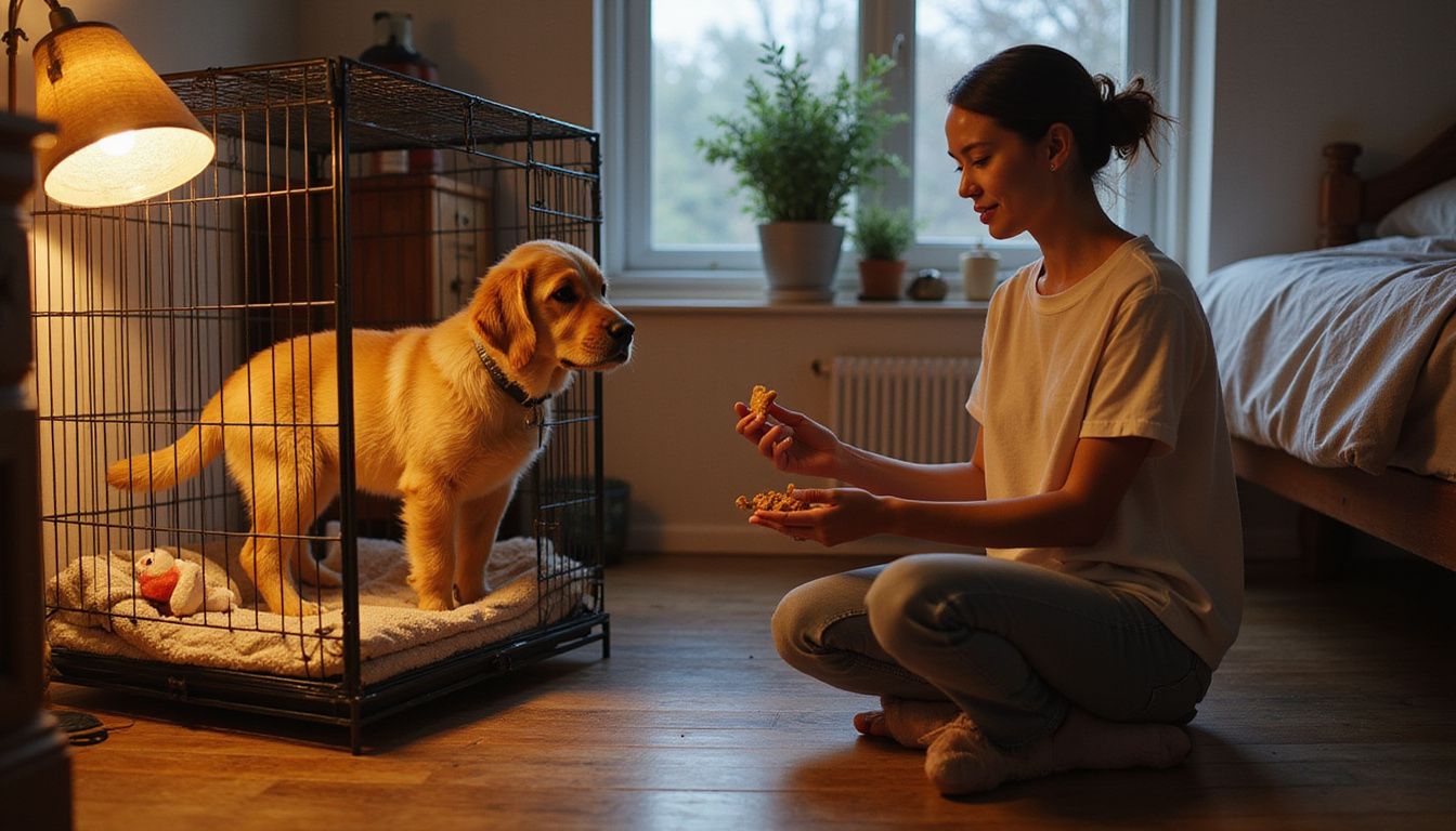 A woman kneels by a dog crate, patiently offering a treat to a curious golden retriever puppy. A woman kneels by a dog crate, patiently offering a treat to a curious golden retriever puppy.
