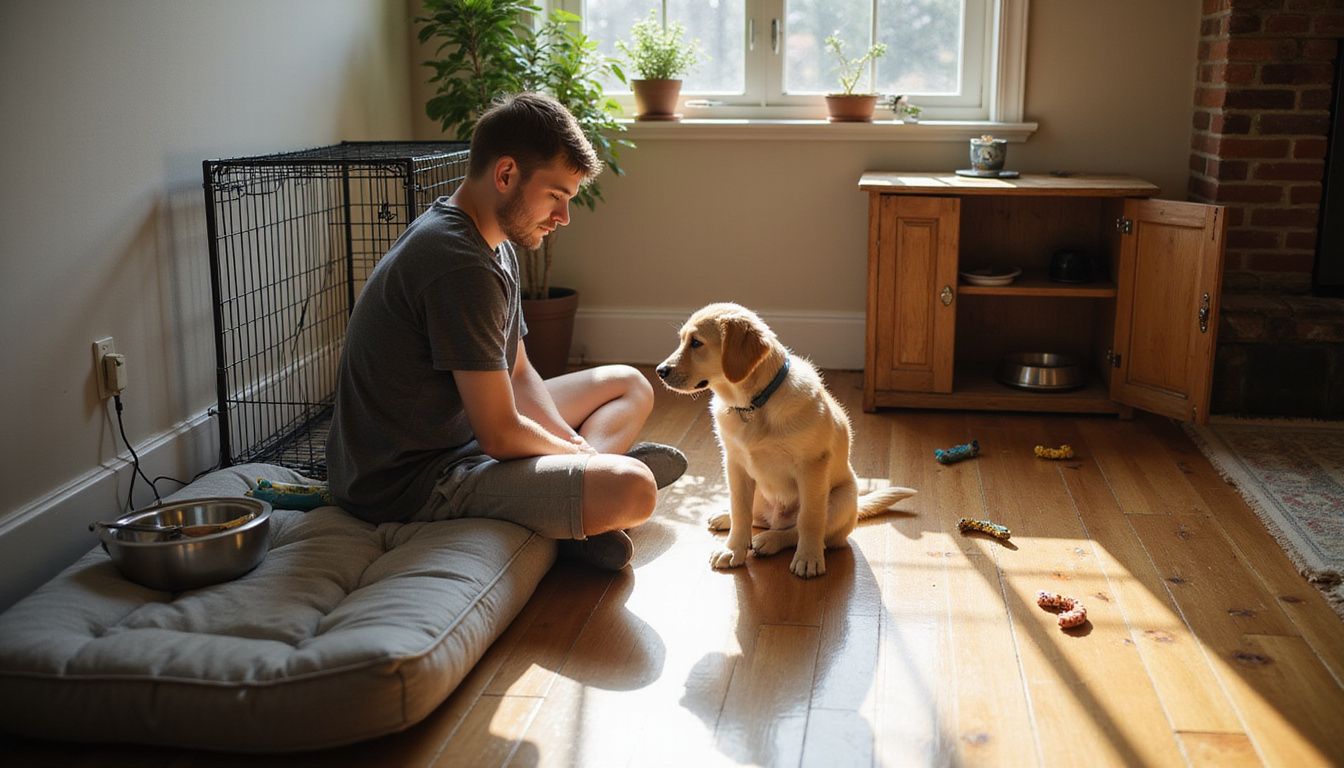 A relaxed young adult sits on the floor with a golden retriever puppy, surrounded by homey pet accessories and toys. A relaxed young adult sits on the floor with a golden retriever puppy, surrounded by homey pet accessories and toys.