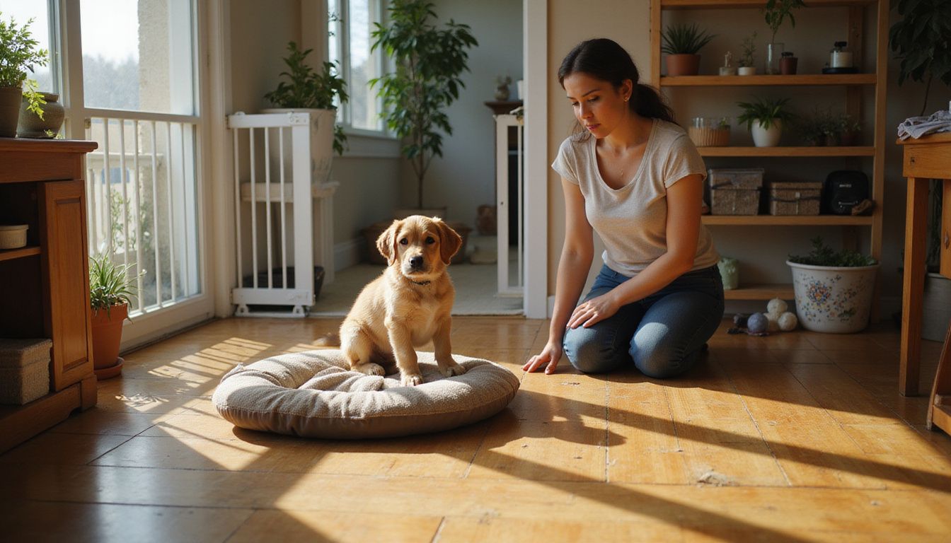 A woman kneels in a cozy living room corner surrounded by puppy supplies and natural decor. A woman kneels in a cozy living room corner surrounded by puppy supplies and natural decor.