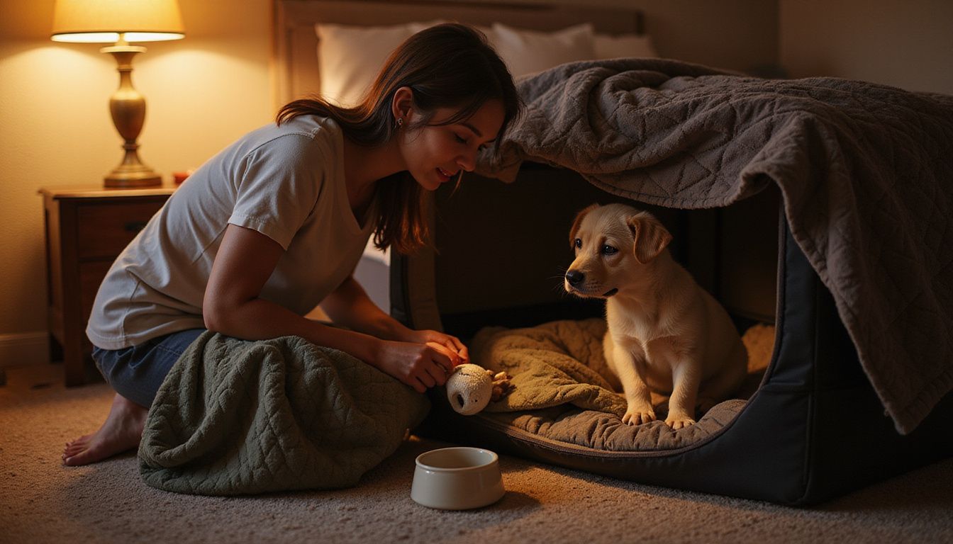 A woman tenderly prepares a cozy crate for a curious puppy, creating a nurturing nighttime routine. A woman tenderly prepares a cozy crate for a curious puppy, creating a nurturing nighttime routine.