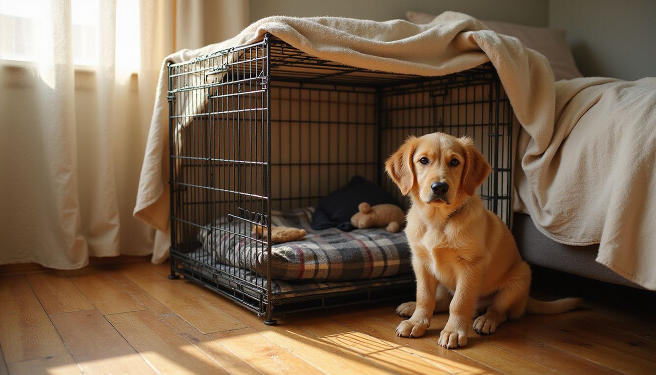 A golden retriever puppy comfortably explores its cozy crate setup in a warm, inviting bedroom corner. A golden retriever puppy comfortably explores its cozy crate setup in a warm, inviting bedroom corner.