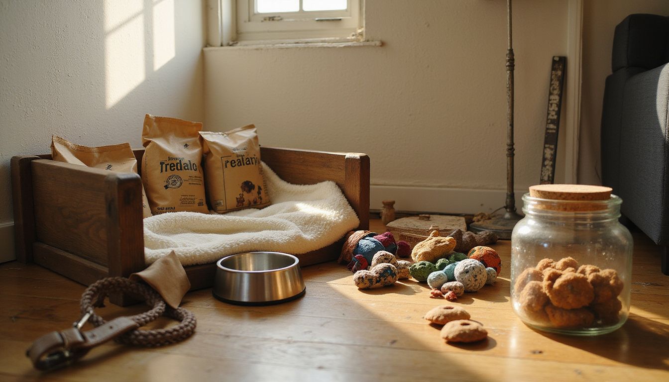 A cozy home scene featuring a crate filled with puppy essentials and playful toys on hardwood flooring. A cozy home scene featuring a crate filled with puppy essentials and playful toys on hardwood flooring.
