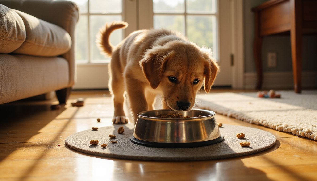 A young puppy with fluffy fur eagerly eats kibble from an elevated stainless steel bowl in a cozy home setting. A young puppy with fluffy fur eagerly eats kibble from an elevated stainless steel bowl in a cozy home setting.
