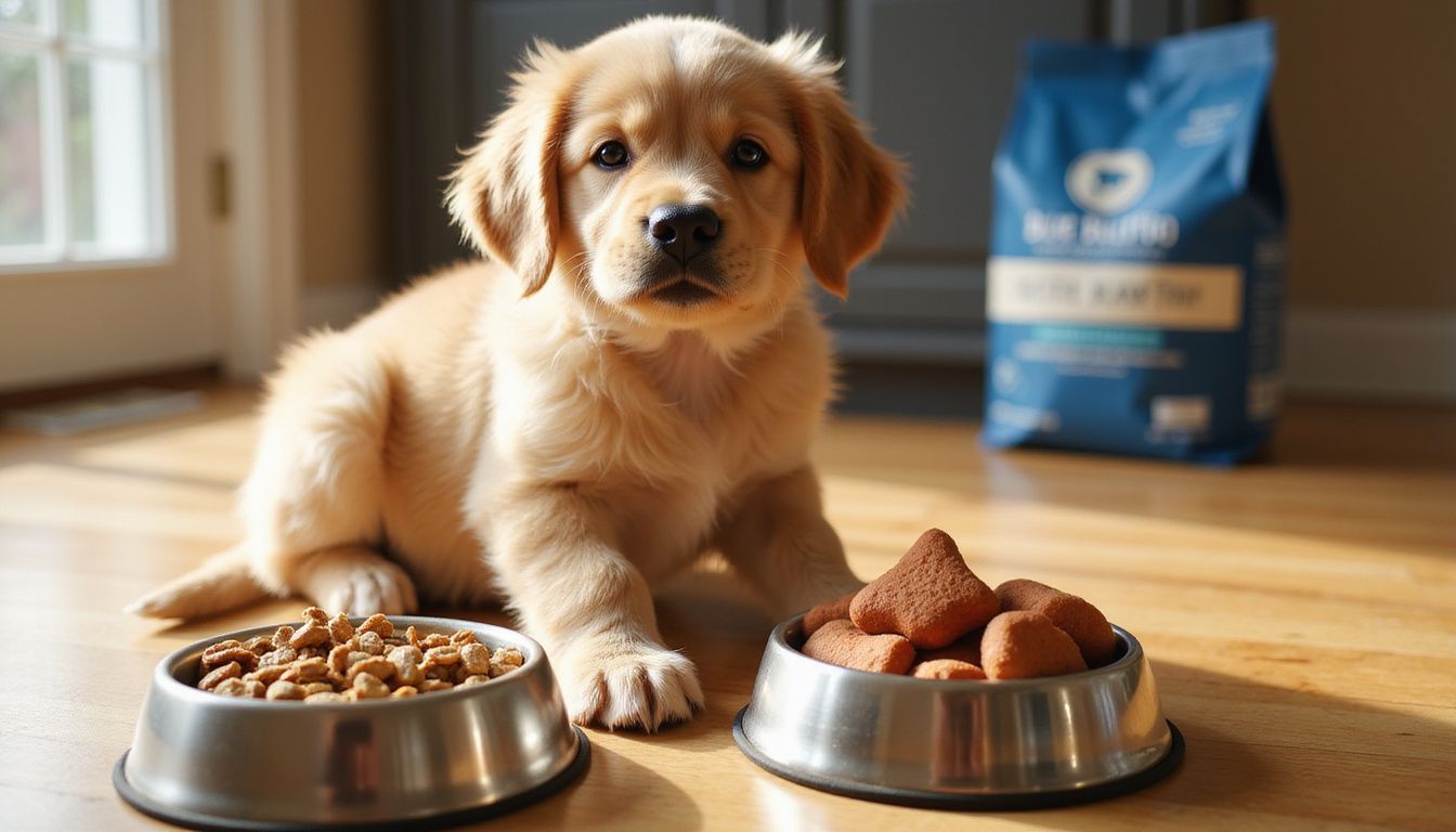 A curious Golden Retriever puppy sits on hardwood flooring, eyeing its kibble and treats in stainless steel bowls. A curious Golden Retriever puppy sits on hardwood flooring, eyeing its kibble and treats in stainless steel bowls.