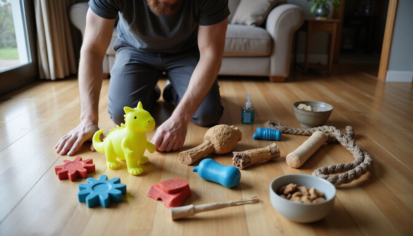 A man kneels on the floor, surrounded by various dog training supplies in a casual living room setting. A man kneels on the floor, surrounded by various dog training supplies in a casual living room setting.