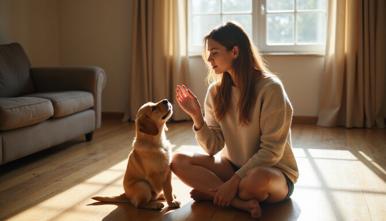 A woman sits cross-legged on the floor, gently reaching toward her trusting golden retriever puppy in a cozy living room. A woman sits cross-legged on the floor, gently reaching toward her trusting golden retriever puppy in a cozy living room.