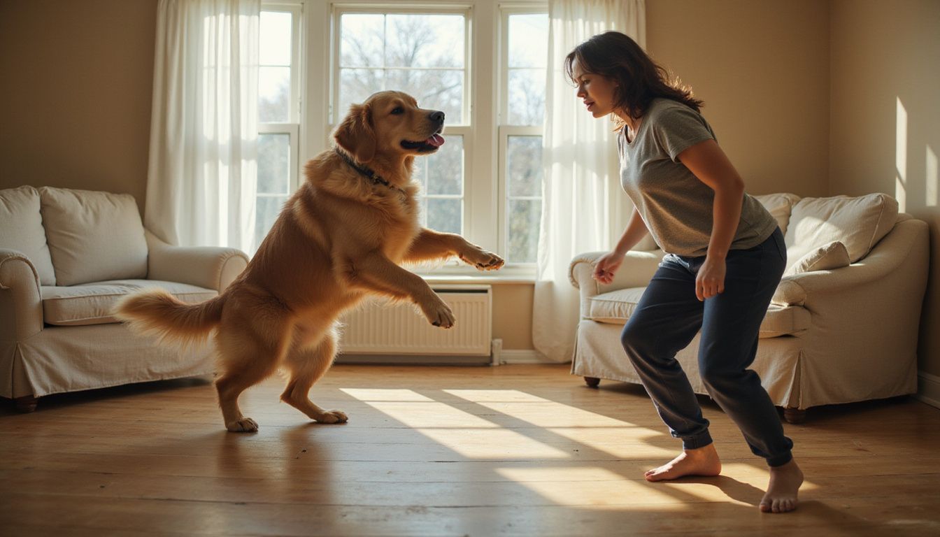 A golden retriever jumps excitedly towards a woman who appears tense and exasperated in a cozy living room.