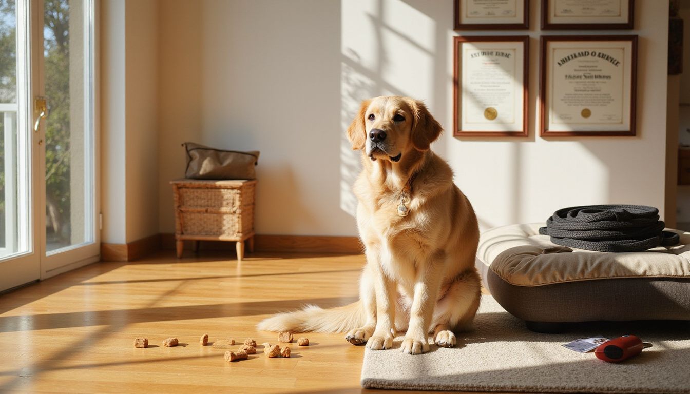 A golden retriever sits alertly on hardwood flooring in a bright living room, surrounded by training treats and tools.