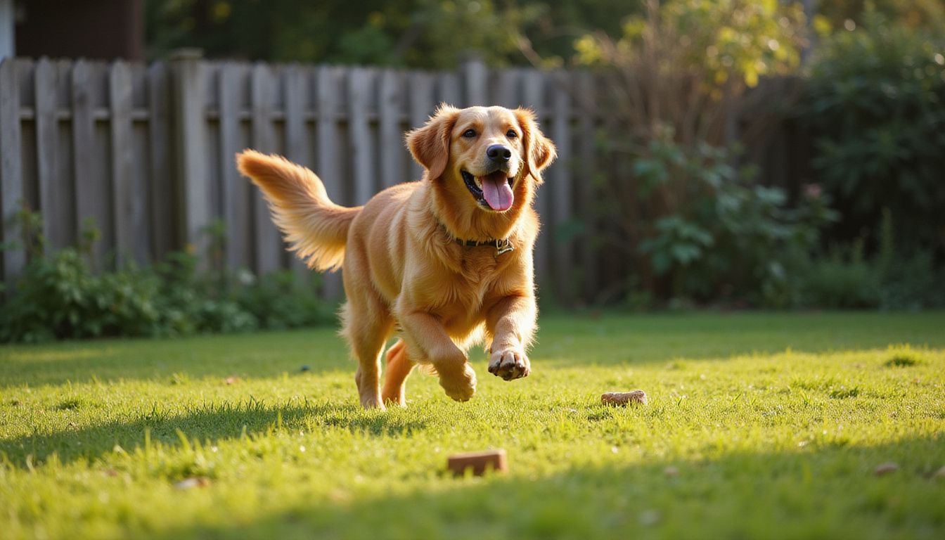 A golden retriever joyfully runs across a lush backyard, showcasing its athletic build and excitement.