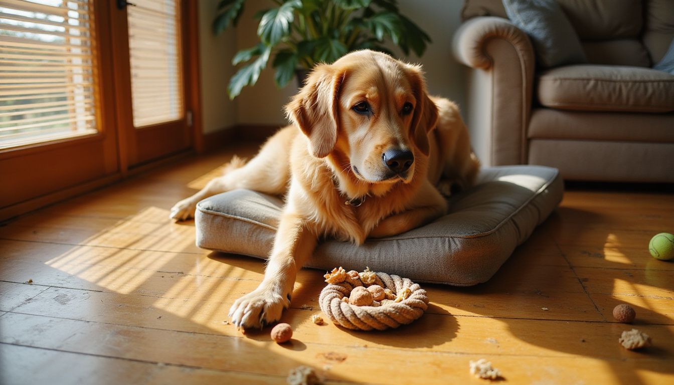 A relaxed golden retriever sits on a well-worn orthopedic dog bed surrounded by toys and scattered treats.