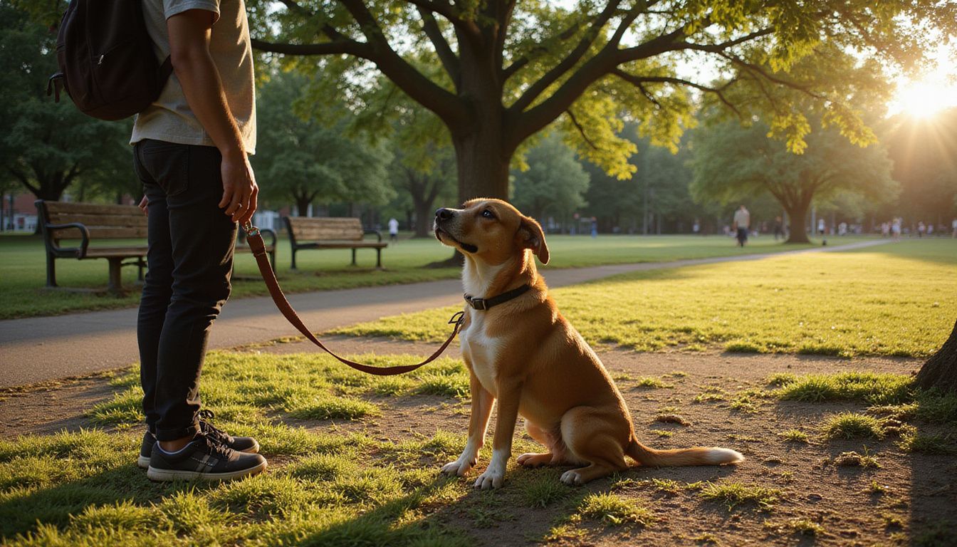 A young adult relaxes with a medium-sized mixed breed dog in a bustling urban park during golden hour.
