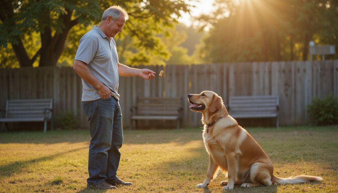 A man offers dog treats to a golden retriever during an obedience training session in a backyard.