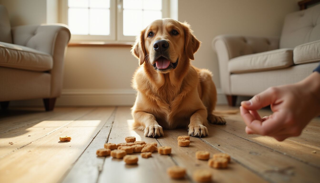 A focused golden retriever sits attentively on hardwood flooring, watching scattered training treats with a human hand nearby.