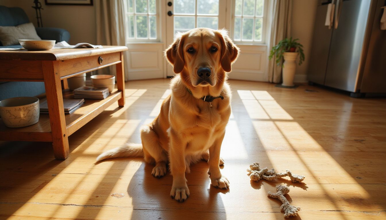 A golden retriever sits alert in a cozy living room, surrounded by training tools and toys.