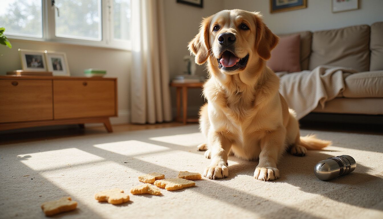 A focused golden retriever sits on a carpet, concentrating on training treats laid out in front of it.