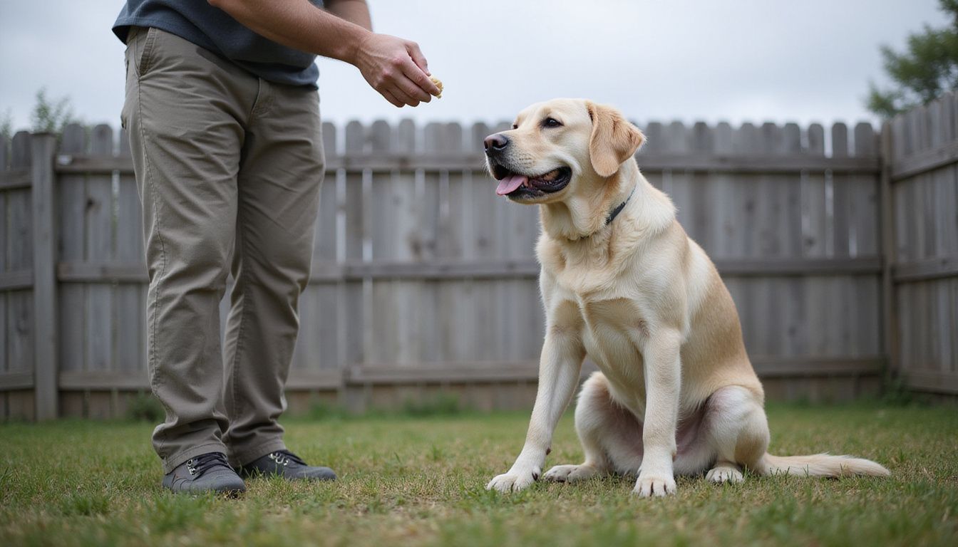 A person trains their attentive golden retriever with a treat in a modest backyard setting.