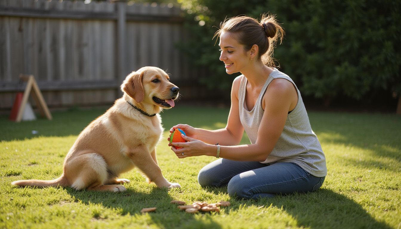 A woman kneels on the lawn, interacting warmly with a playful golden retriever puppy and training treats.