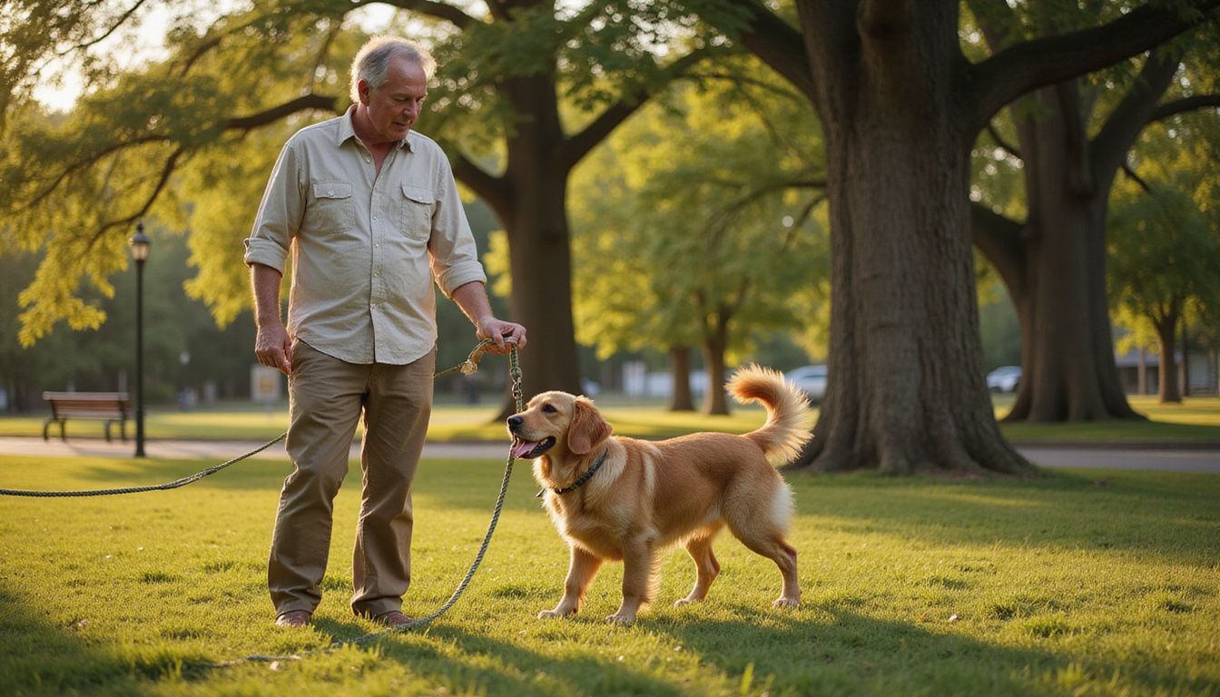 A middle-aged man shares a training moment with his attentive golden retriever in a peaceful park setting.