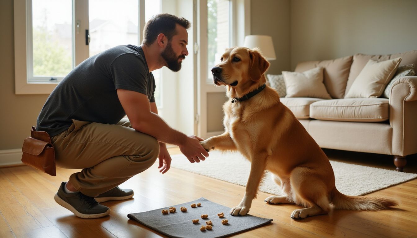 A dog trainer engages a golden retriever in a focused training session indoors, showcasing patience and attentiveness.