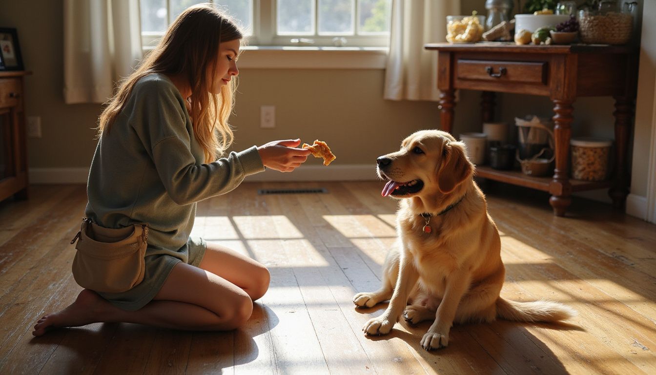 A person kneels on hardwood flooring, training their attentive golden retriever with a chicken treat.