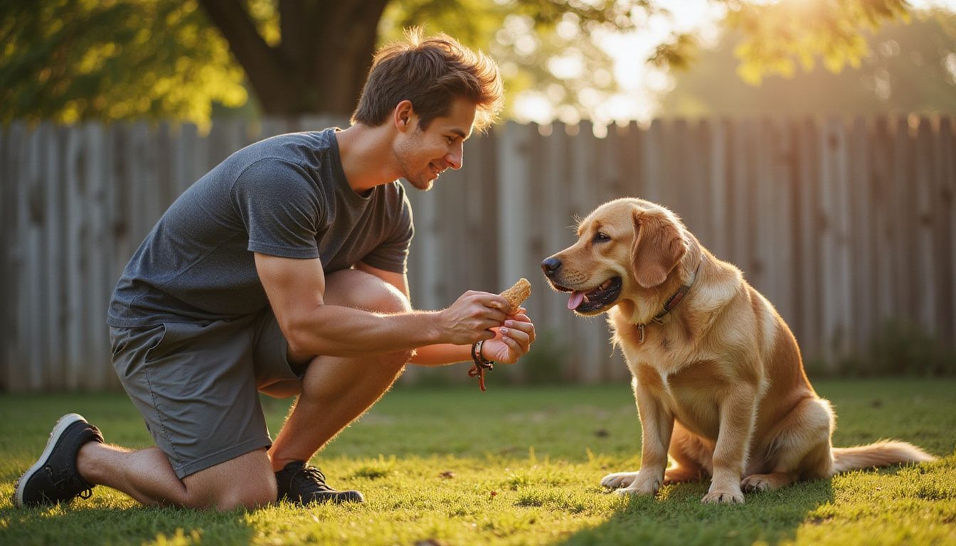 A young dog trainer kneels on grass, encouraging a focused golden retriever with a treat in hand.