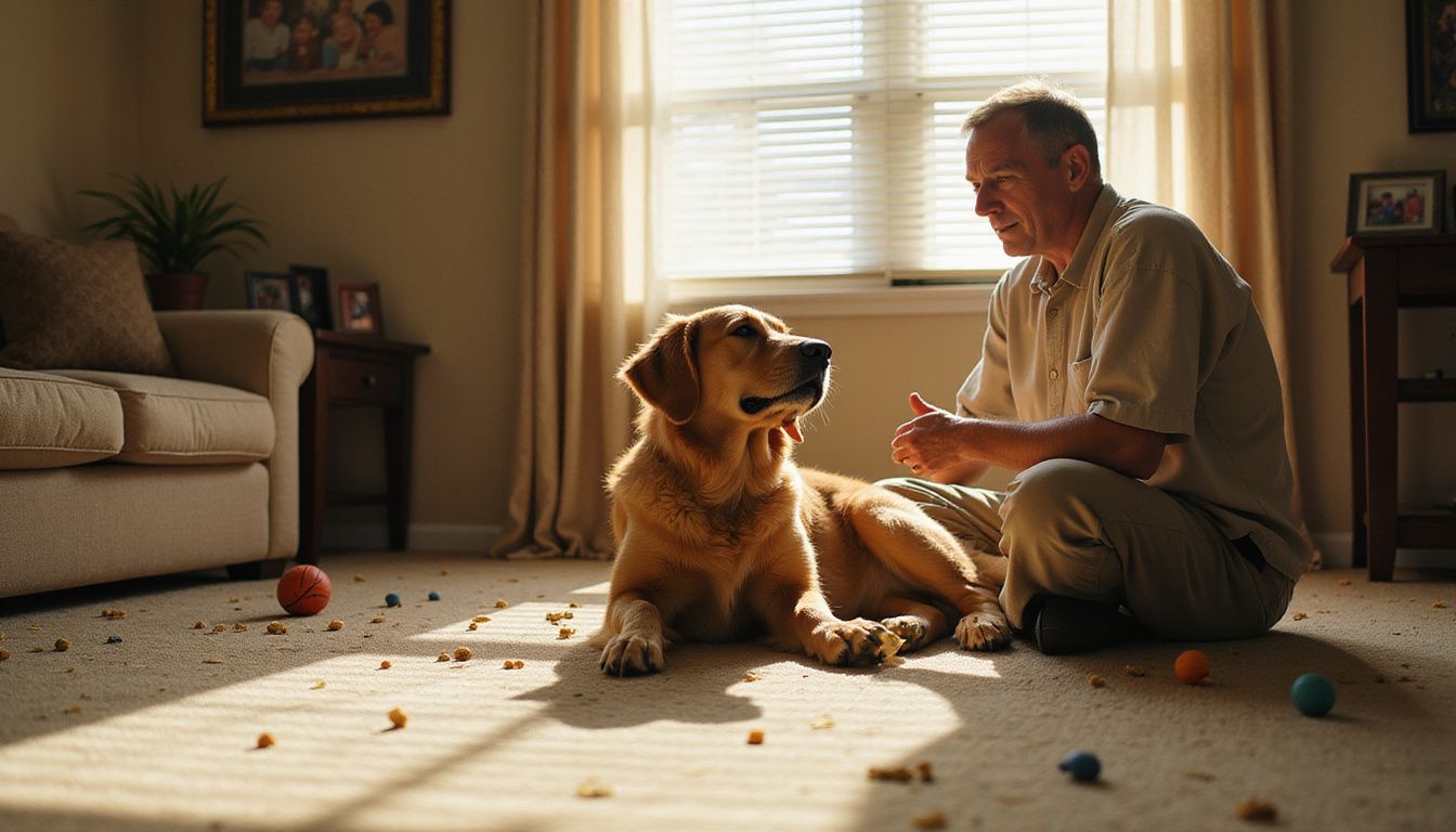 A middle-aged person patiently trains a golden retriever on a worn carpet in a cozy, lived-in living room.