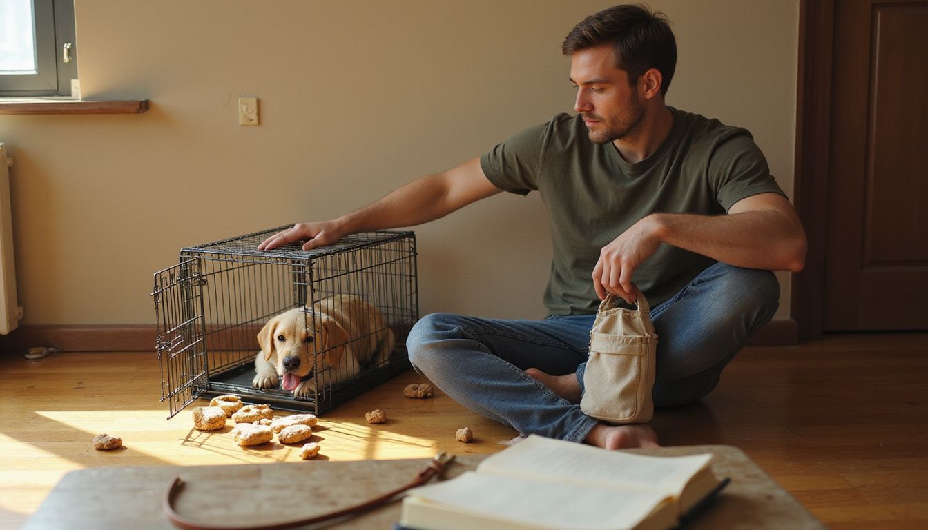 A relaxed man interacts with his Labrador puppy in a cozy, sparsely furnished living room. A relaxed man interacts with his Labrador puppy in a cozy, sparsely furnished living room.