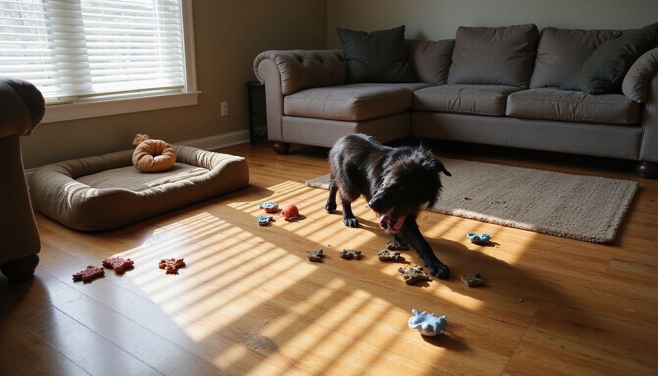 A medium-sized dog energetically plays among various worn toys in a cozy, lived-in room designed for canine comfort. A medium-sized dog energetically plays among various worn toys in a cozy, lived-in room designed for canine comfort.