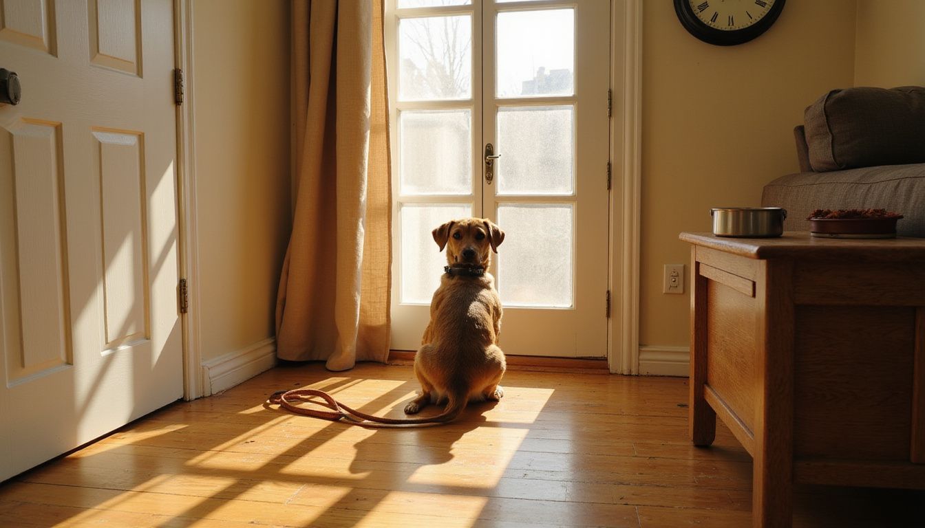 A small mixed-breed dog waits alertly by the door, eagerly anticipating its morning walk. A small mixed-breed dog waits alertly by the door, eagerly anticipating its morning walk.