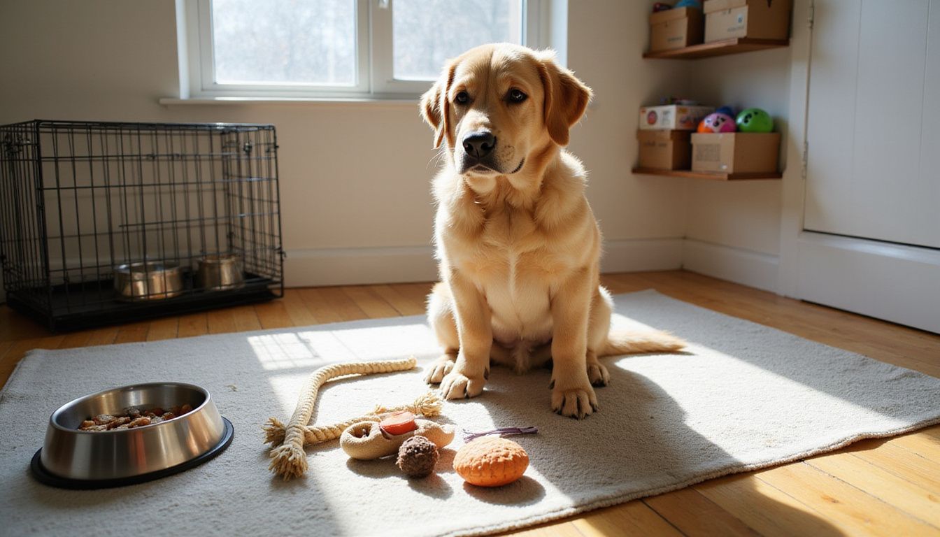 A golden retriever puppy sits on a rug among toys in a cozy, lived-in studio apartment. A golden retriever puppy sits on a rug among toys in a cozy, lived-in studio apartment.