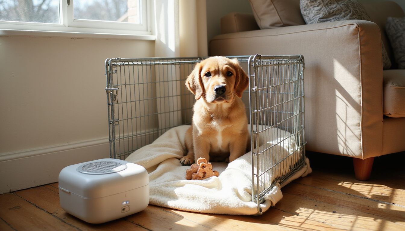 An alert 8-week-old golden retriever puppy sits in a cozy crate with blankets and a toy in a living room. An alert 8-week-old golden retriever puppy sits in a cozy crate with blankets and a toy in a living room.
