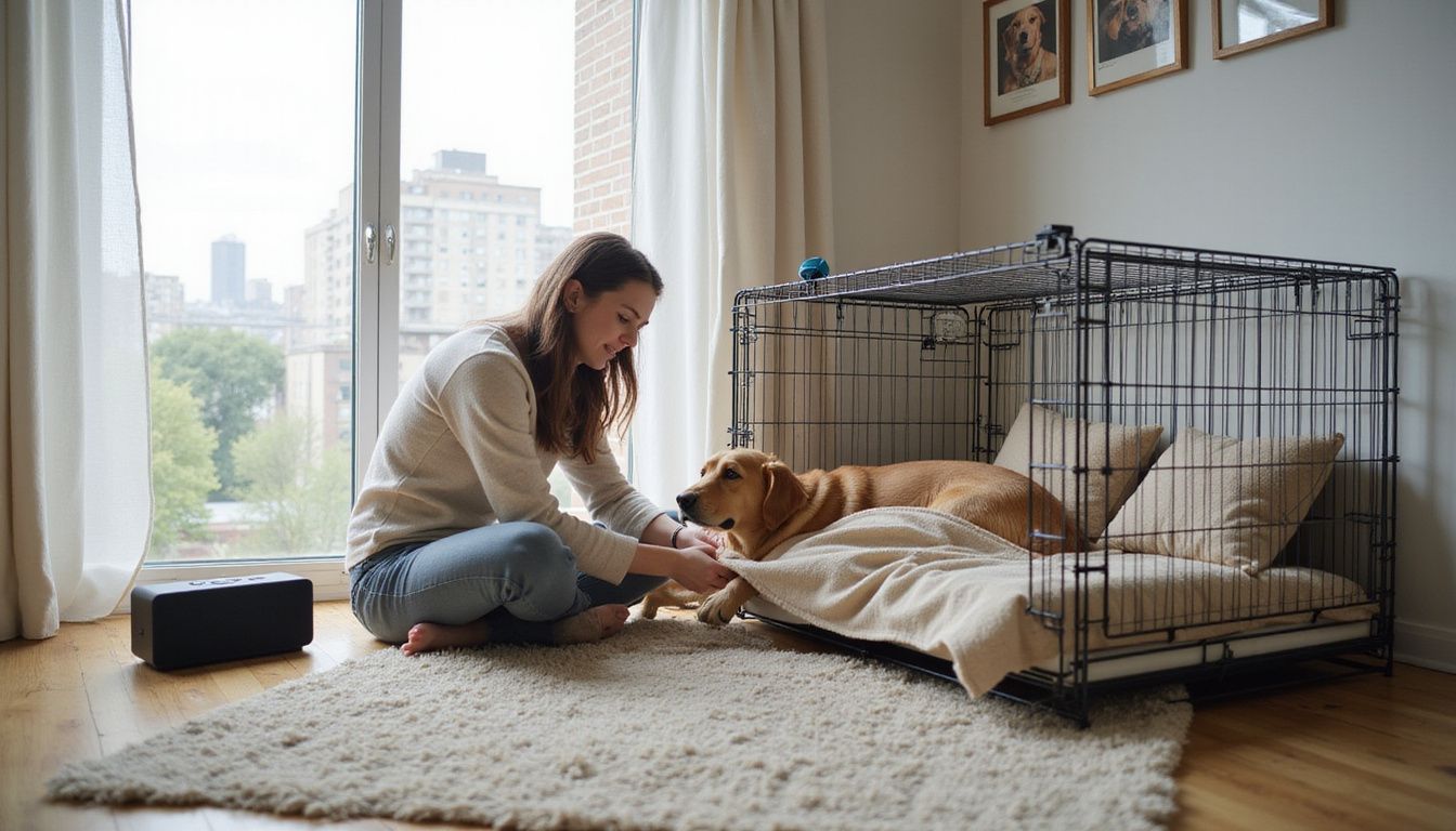 A young woman gently arranges a blanket over a resting golden retriever in a cozy, contemporary apartment. A young woman gently arranges a blanket over a resting golden retriever in a cozy, contemporary apartment.