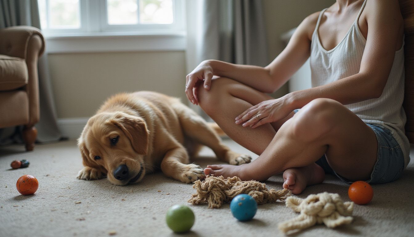 A relaxed adult sits on a worn carpet, surrounded by dog toys and a playful golden retriever puppy. A relaxed adult sits on a worn carpet, surrounded by dog toys and a playful golden retriever puppy.