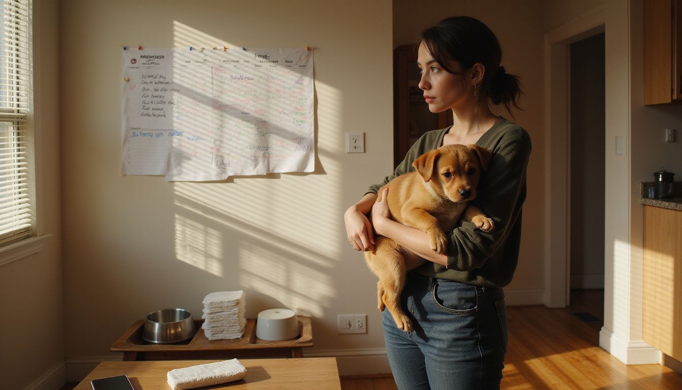 A woman holds a puppy while studying a calendar and tracking bathroom habits in her cozy apartment. A woman holds a puppy while studying a calendar and tracking bathroom habits in her cozy apartment.