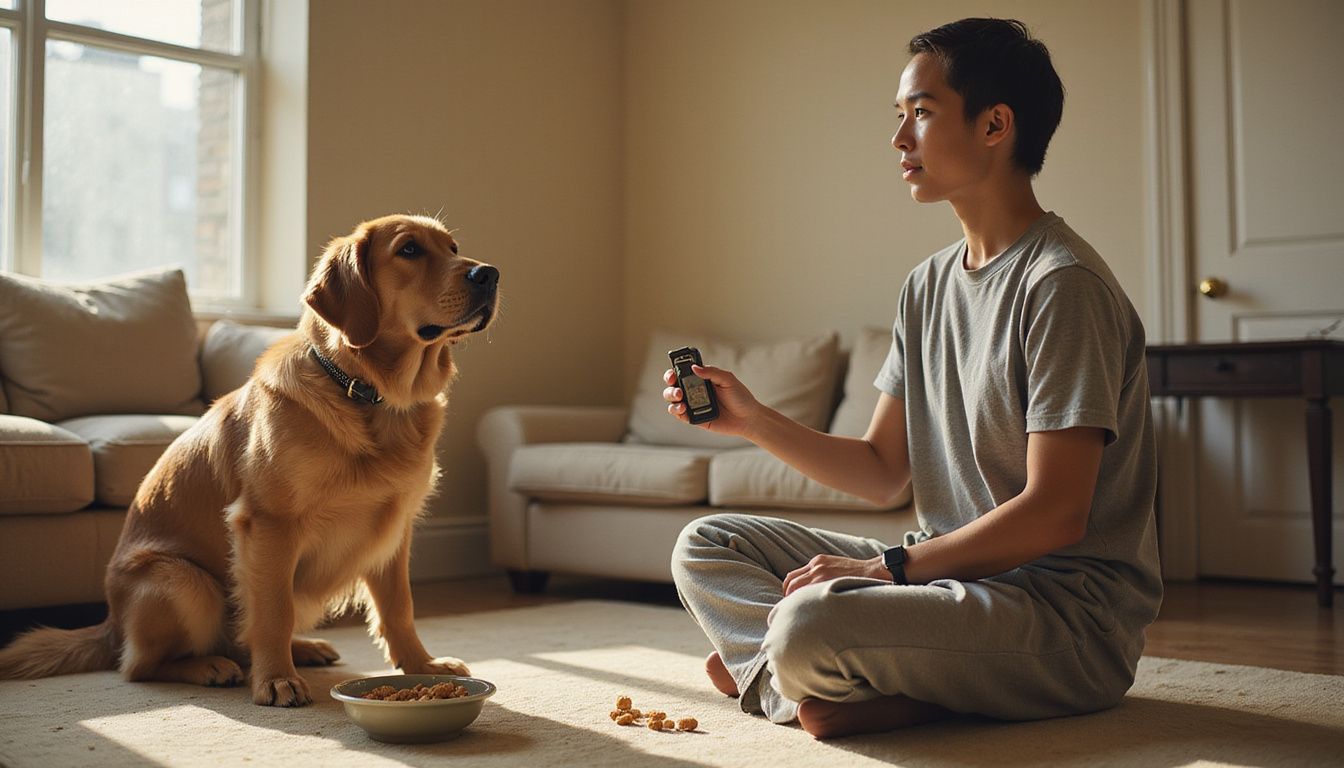 A dog trainer sits cross-legged in a cozy apartment, using a clicker to train a focused golden retriever mix. A dog trainer sits cross-legged in a cozy apartment, using a clicker to train a focused golden retriever mix.