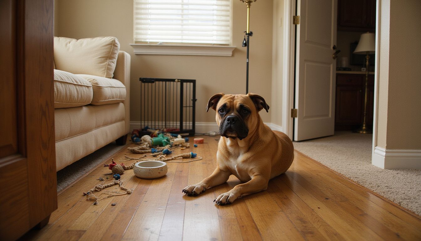 A distressed dog sits beside a damaged door frame in a cluttered, worn living room, reflecting separation anxiety. A distressed dog sits beside a damaged door frame in a cluttered, worn living room, reflecting separation anxiety.