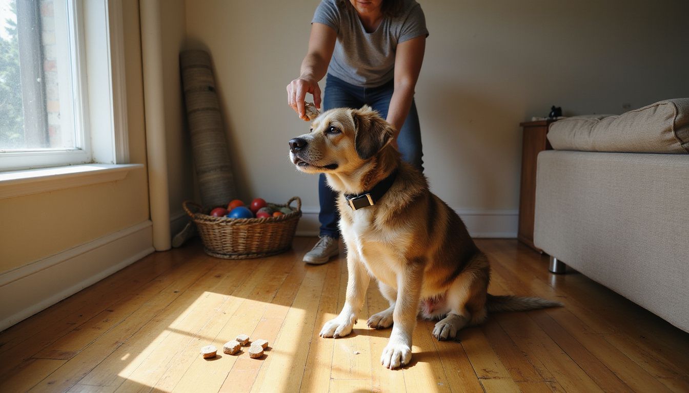 A scruffy mixed-breed dog attentively focuses on training treats held by its handler in a cozy studio apartment. A scruffy mixed-breed dog attentively focuses on training treats held by its handler in a cozy studio apartment.