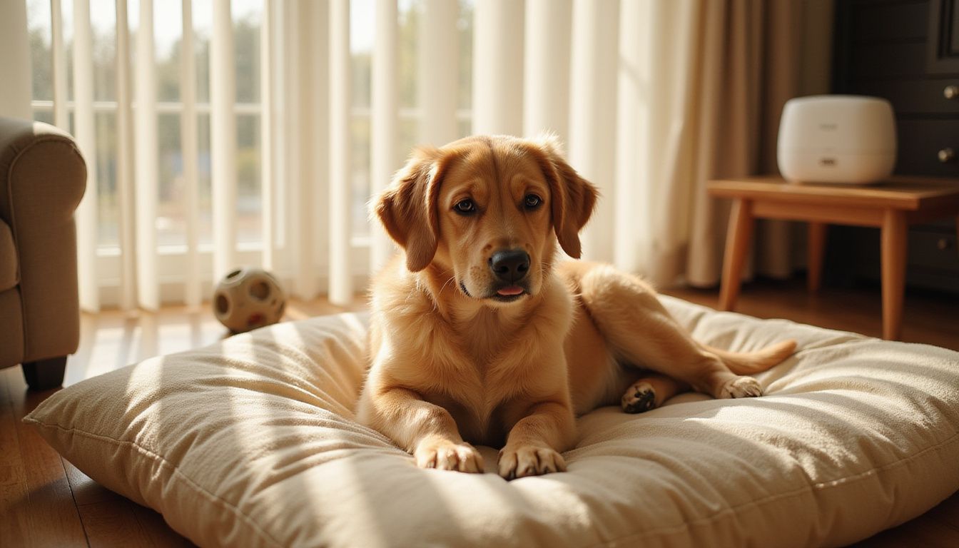 A golden retriever puppy rests calmly on a plush orthopedic bed, surrounded by a cozy living room atmosphere. A golden retriever puppy rests calmly on a plush orthopedic bed, surrounded by a cozy living room atmosphere.
