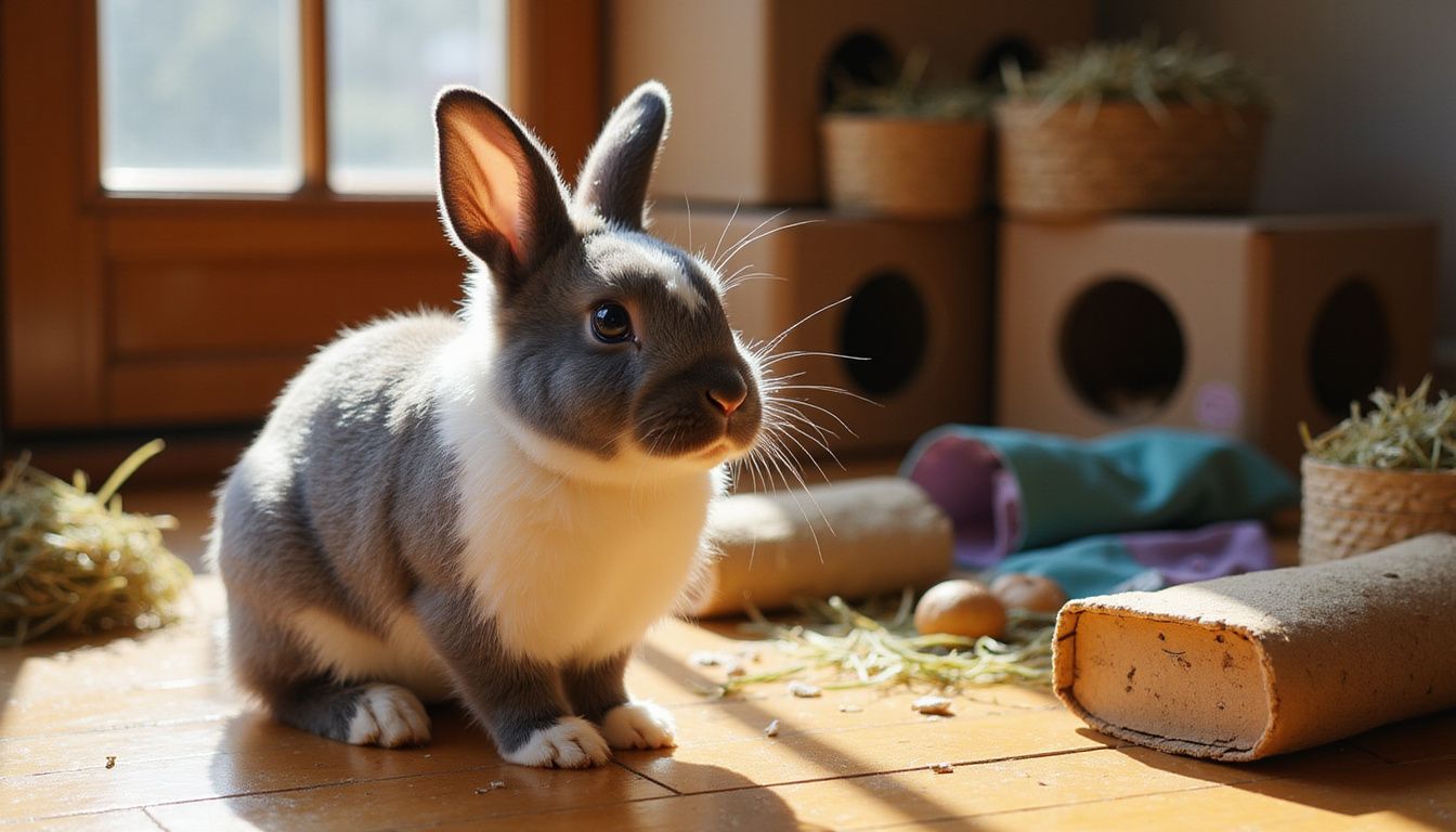 A grey and white rabbit sits alert amidst scattered puzzle feeders and hay in a cozy living room. A grey and white rabbit sits alert amidst scattered puzzle feeders and hay in a cozy living room.