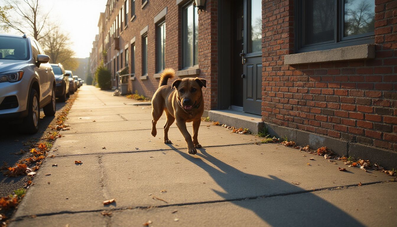 A mixed-breed dog trots along a worn sidewalk outside a residential building, embodying a quiet morning atmosphere. A mixed-breed dog trots along a worn sidewalk outside a residential building, embodying a quiet morning atmosphere.